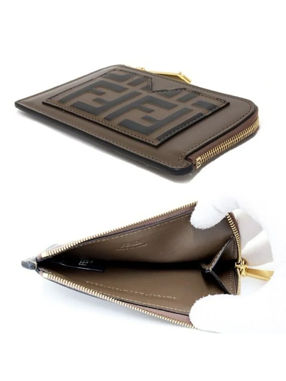 Fendi FF Diamond Card Slot Zucca Pattern Fragment Case Coin Purse Leather Brown